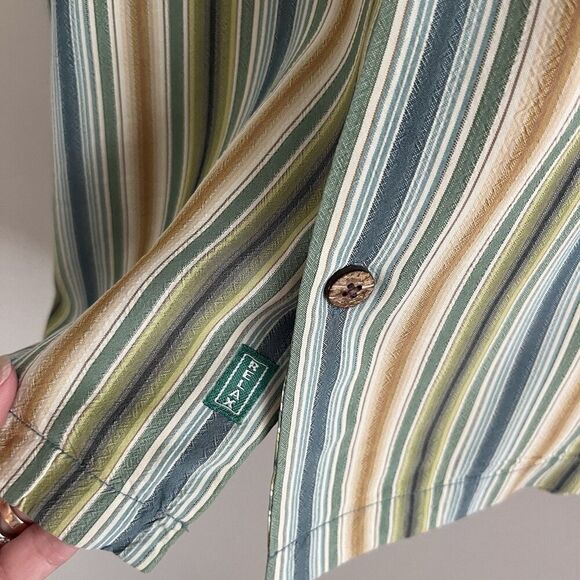 Tommy Bahama Silk Shirt L Vertical Stripe Wooden Buttons Resort Retro 90s - Picture 10 of 12